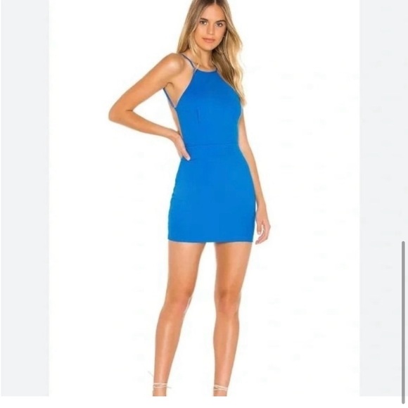 Super Down Dress sz L Blue Selena Bodycon Mini Open Back High Neck Revolve - Picture 3 of 12